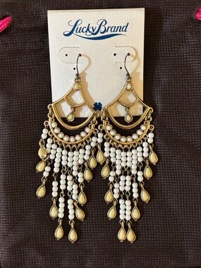 Lucky Brand Gold-Tone Chandelier Earrings with White Beads